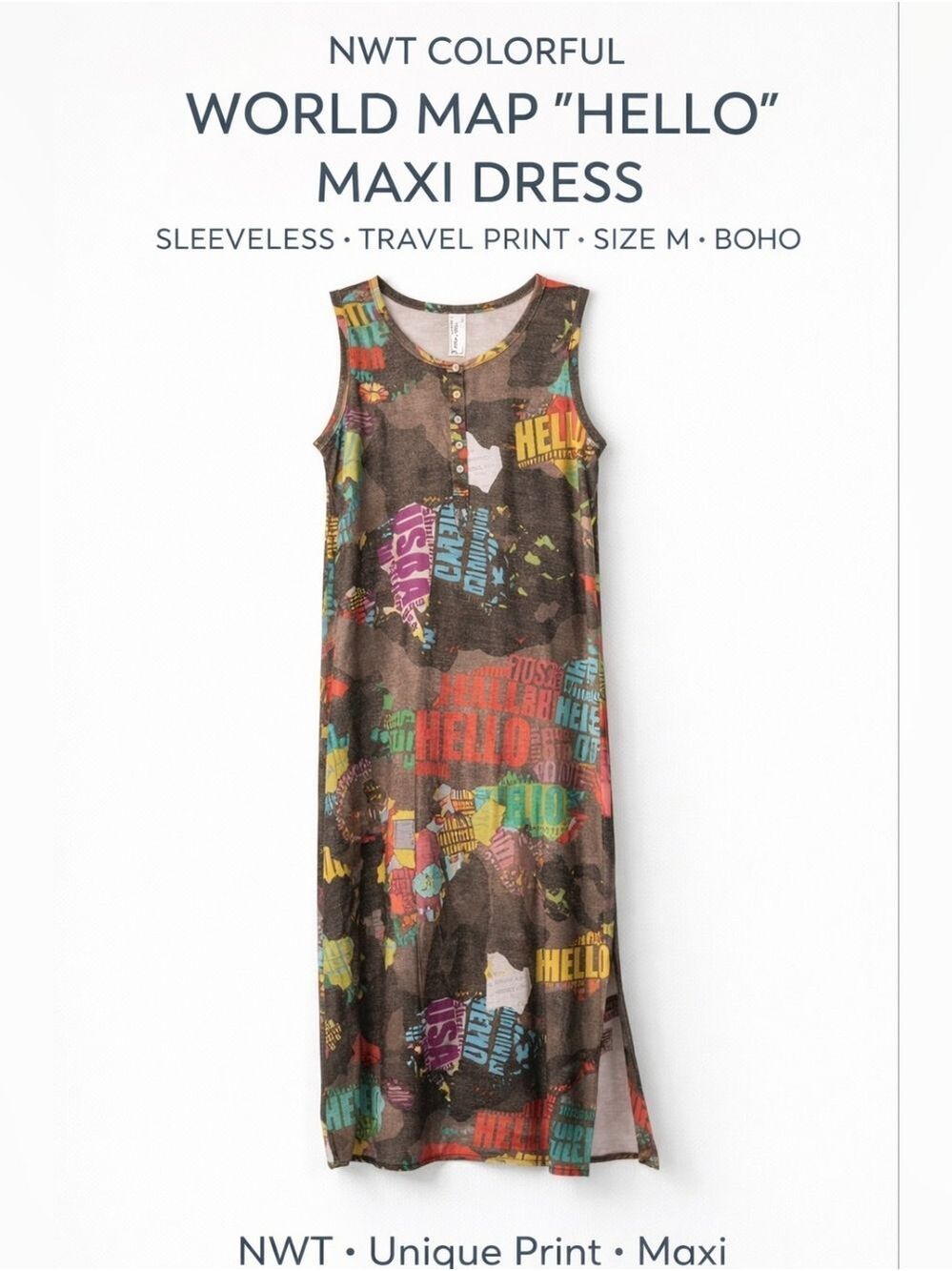 Colorful World Map “Hello” Maxi Dress Sleeveless Travel Print Size Medium